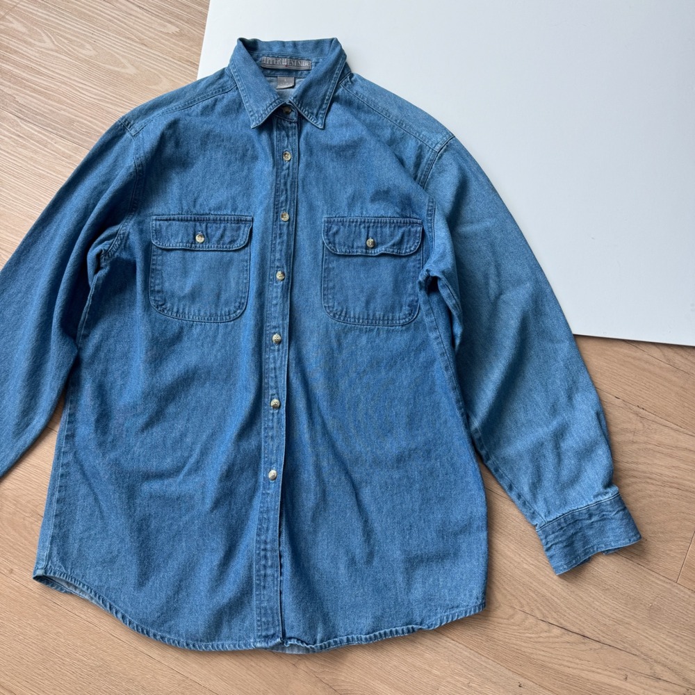 Vintage 90s Denim Shirt Mens Large Blue Long Sleeve Button Down 100% Cotton - Picture 3 of 7